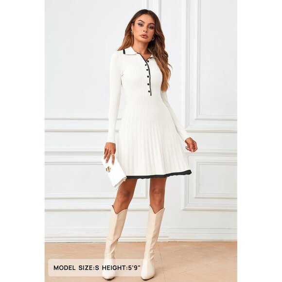 Merokeety Women's White Long Sleeve V Neck Button Knit Pleated Sweater Dress - Picture 3 of 7